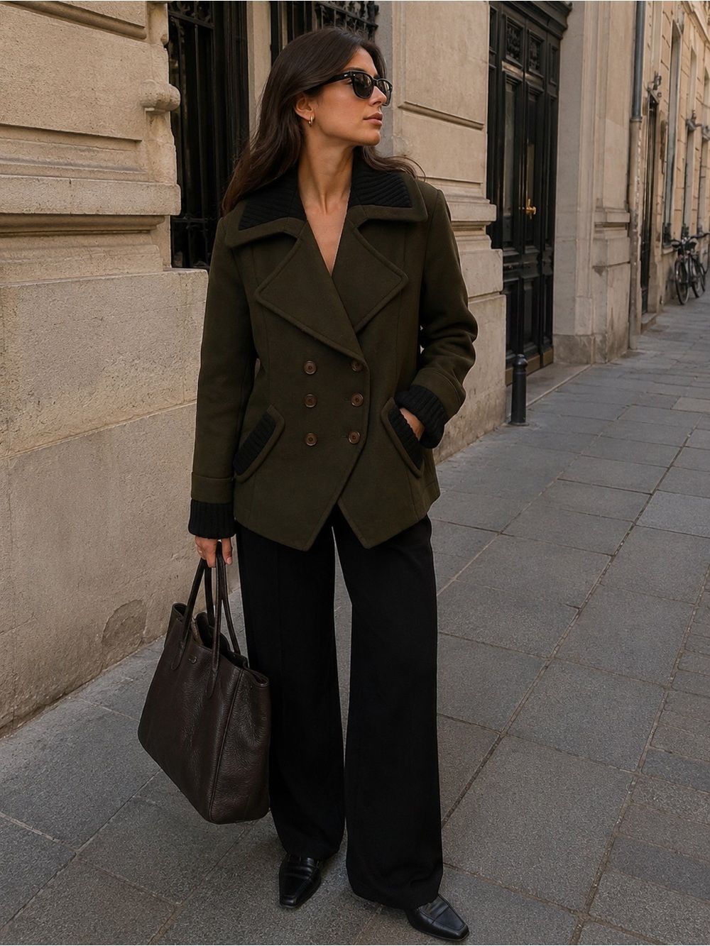 TRINA TURK Olive Green Double Breasted Wool Blend Peacoat Jacket Quiet Luxury 6